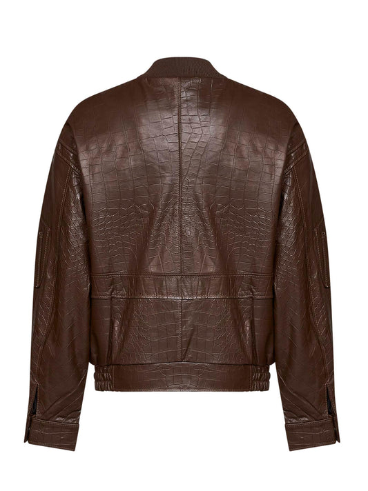 Coffee crocodile-embossed leather bomber jacket