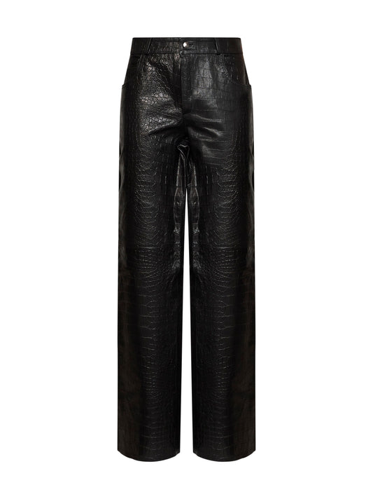 Black crocodile-embossed leather straight trousers