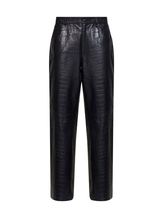 Blue crocodile-embossed leather straight trousers