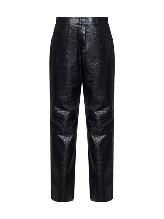 Blue crocodile-embossed leather straight trousers