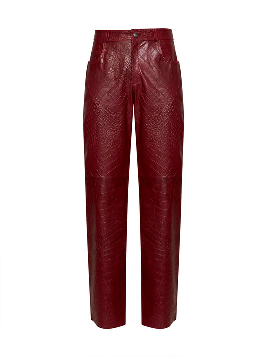Burgundy crocodile-embossed leather straight trousers