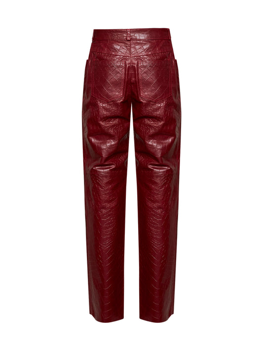 Burgundy crocodile-embossed leather straight trousers