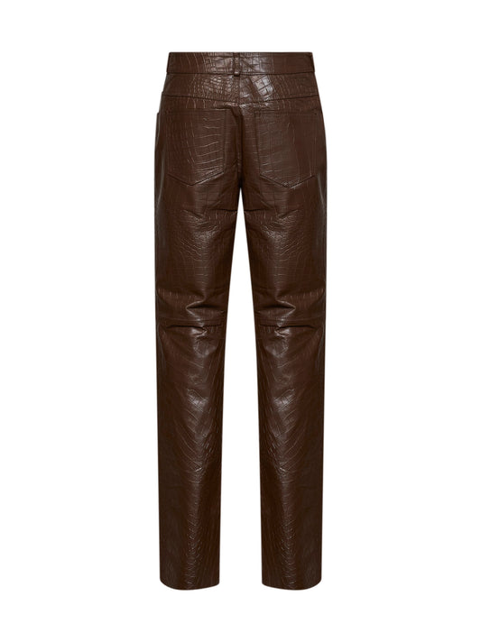 Coffee crocodile-embossed leather straight trousers