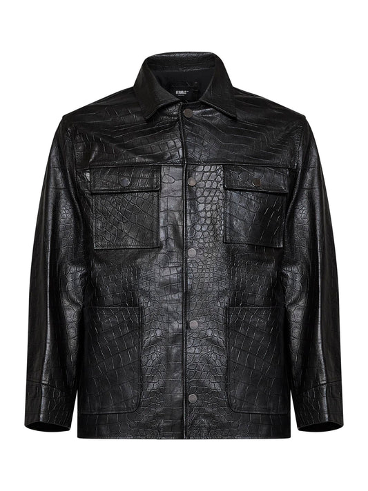 Black crocodile-embossed leather work jacket