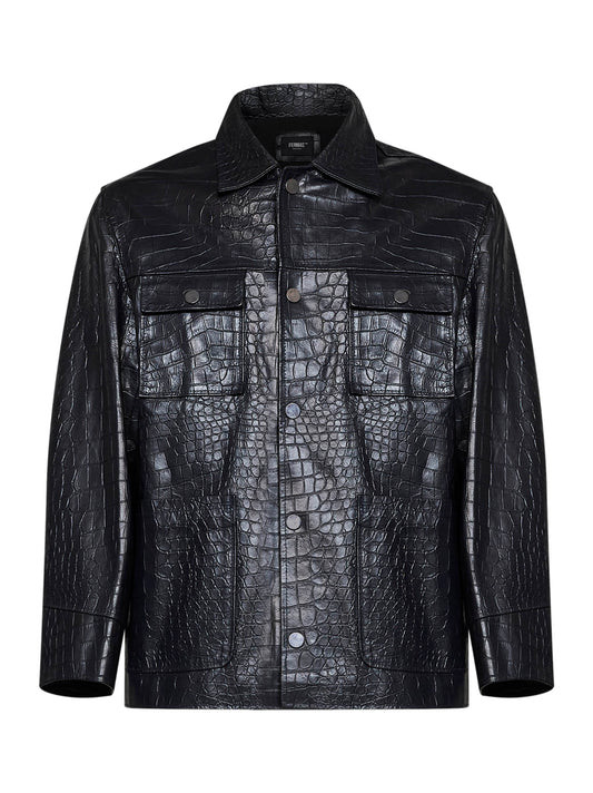Blue crocodile-embossed leather work jacket