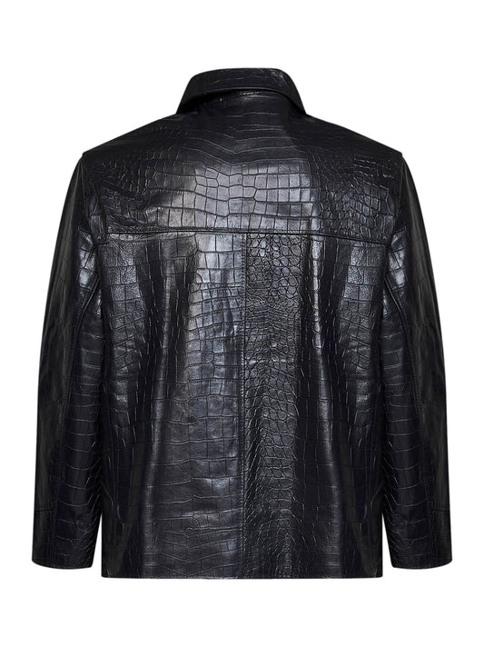 Blue crocodile-embossed leather work jacket