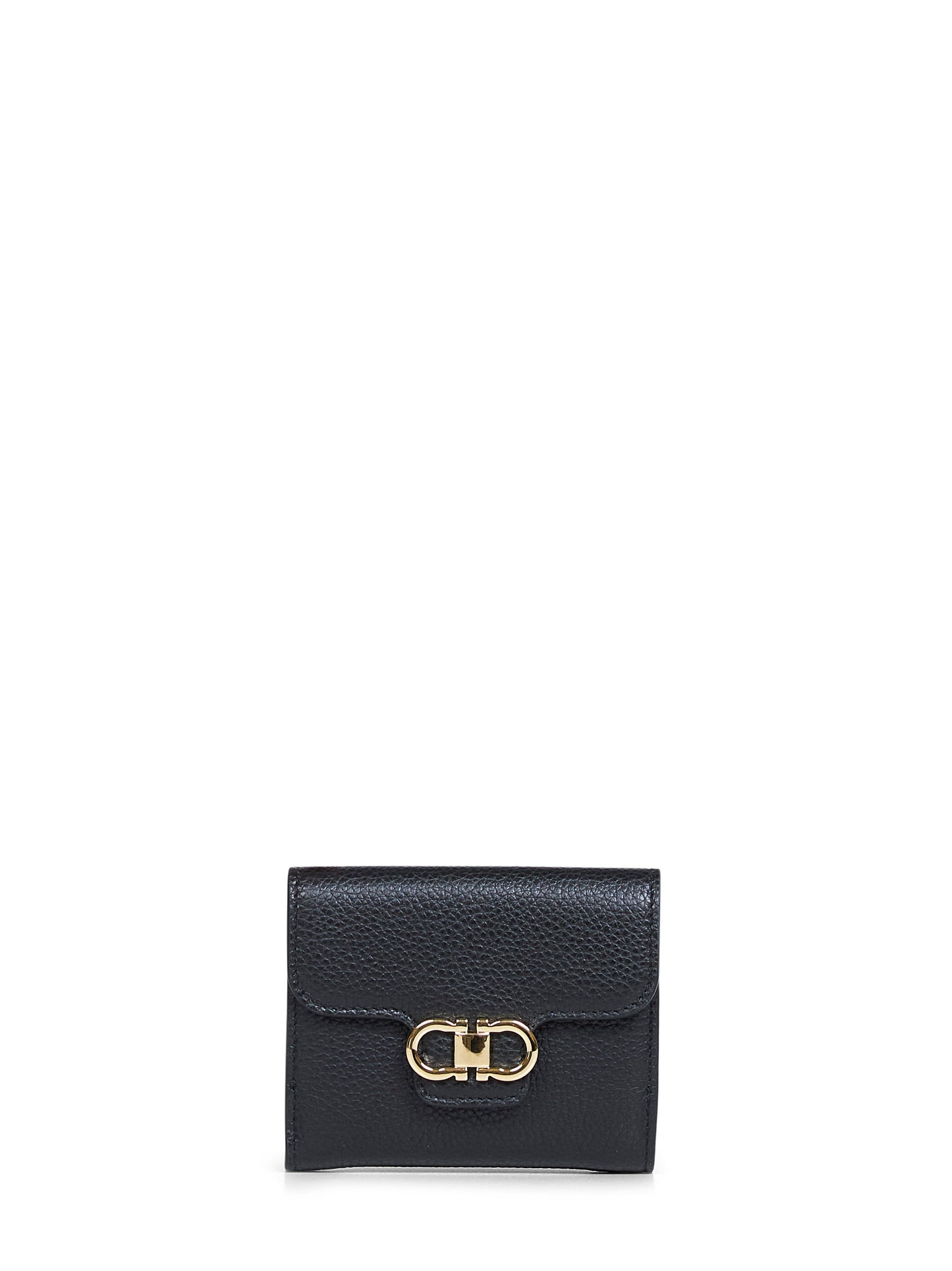Black hammered calfskin leather Gancini compact wallet