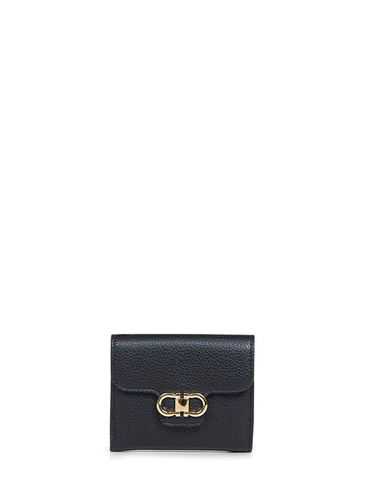 Black hammered calfskin leather Gancini compact wallet