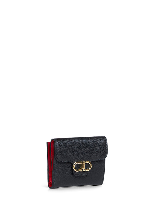 Black hammered calfskin leather Gancini compact wallet