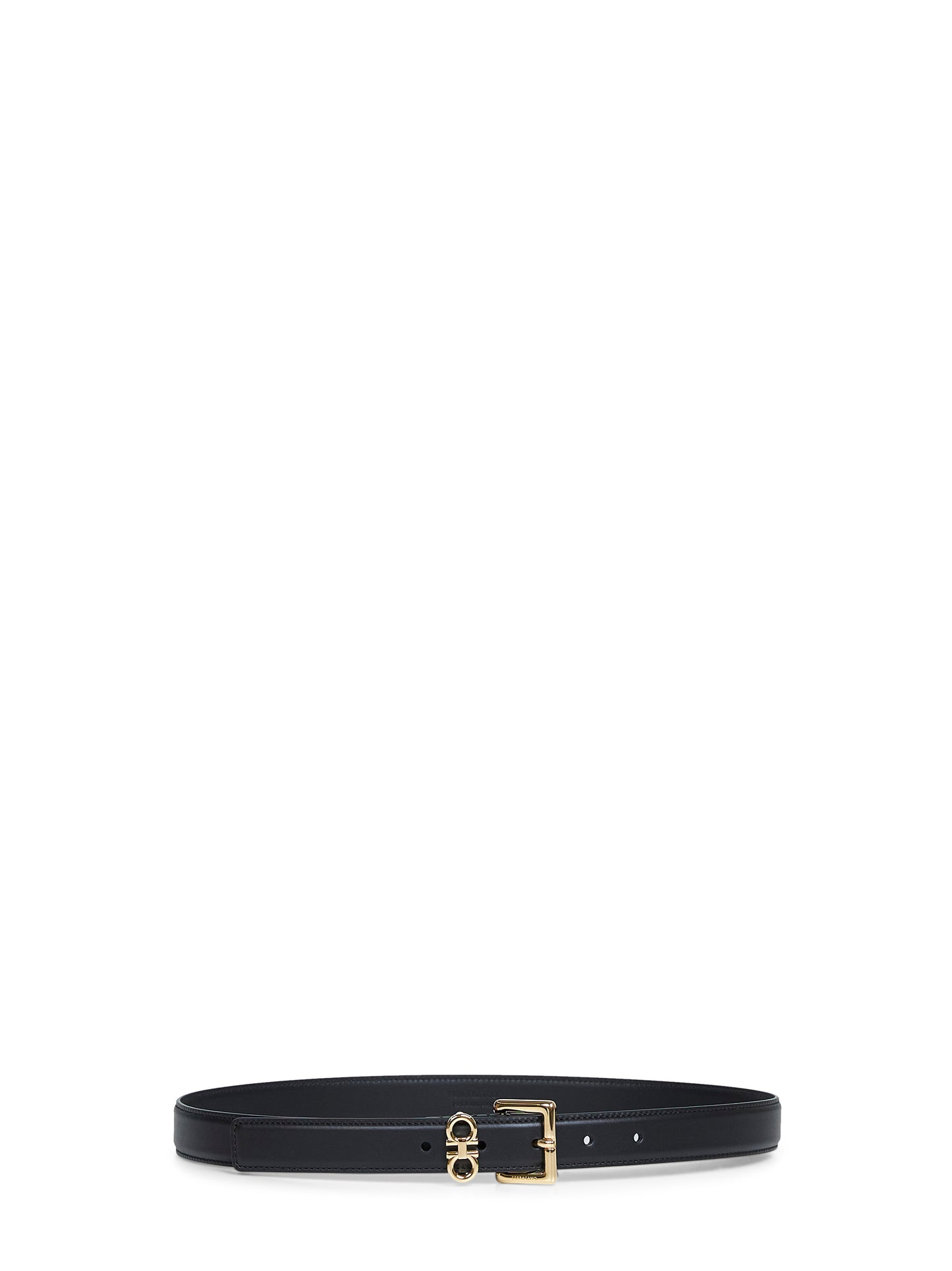 Cintura doppio Gancini in pelle liscia nera<BR/>