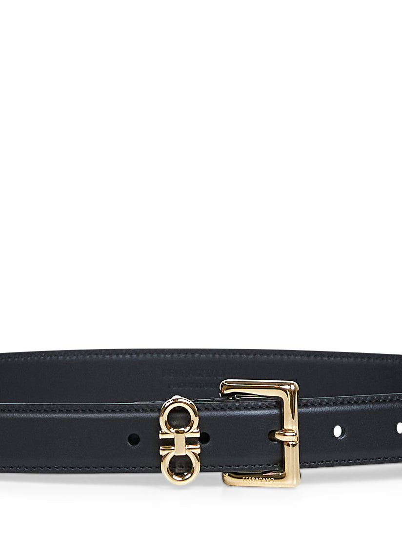 Cintura doppio Gancini in pelle liscia nera<BR/>