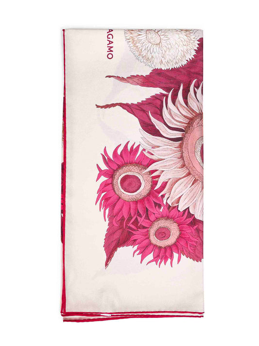 Ivory and burgundy and fuchsia Girasoli-print silk scarf