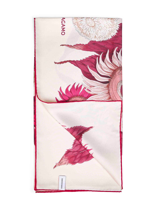 Ivory and burgundy and fuchsia Girasoli-print silk scarf