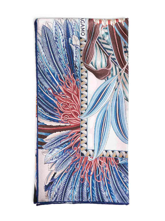 Ivory and blue Fiori e Farfalle-print silk scarf