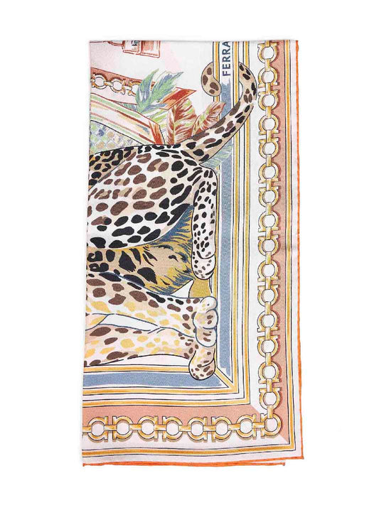 Ivory and orange Felini-print silk scarf