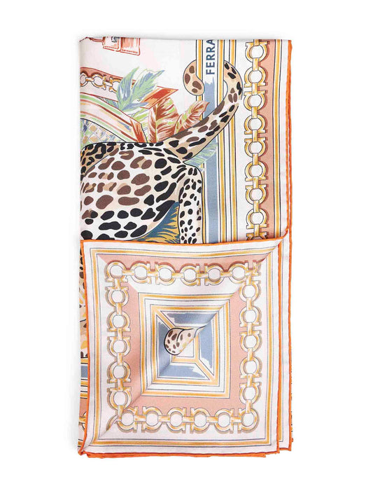 Ivory and orange Felini-print silk scarf