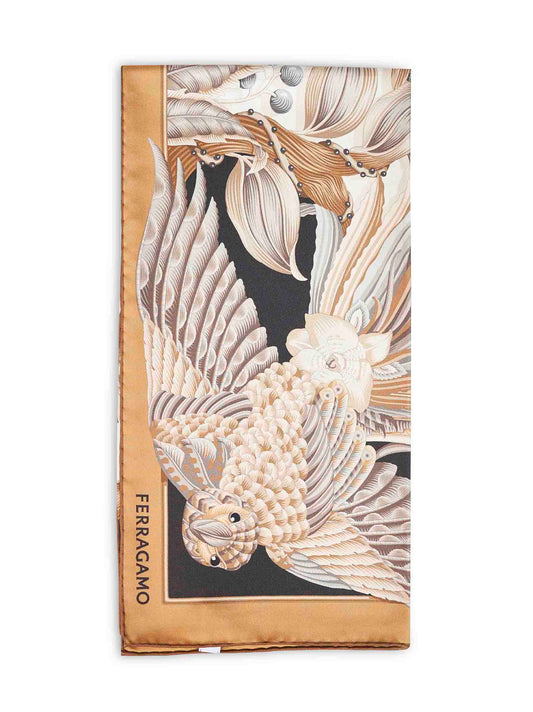 Foulard in seta stampa Parrots beige e nero
