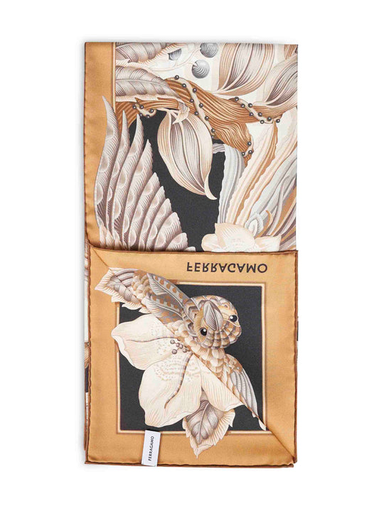 Foulard in seta stampa Parrots beige e nero