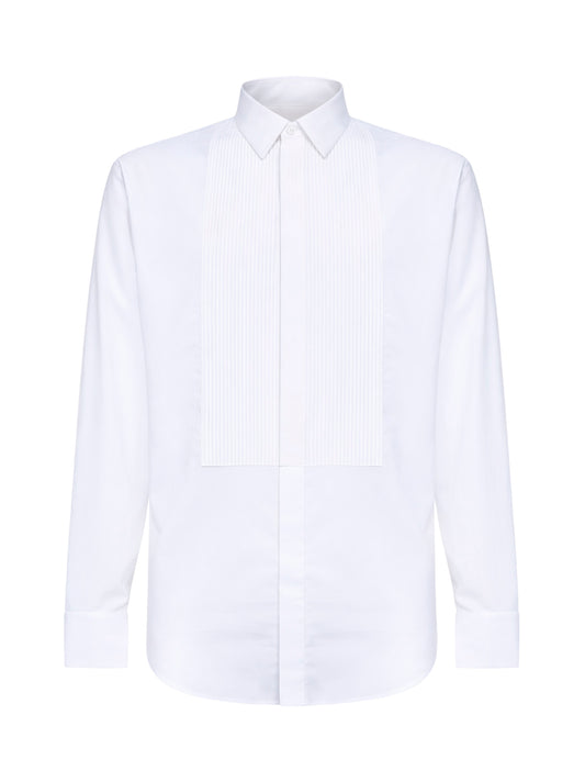 White cotton twill tuxedo shirt with pleated plastron