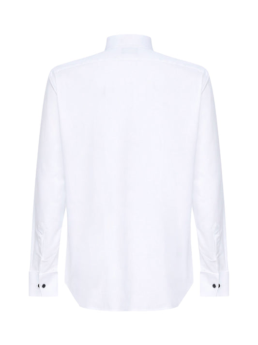 White cotton twill tuxedo shirt with pleated plastron