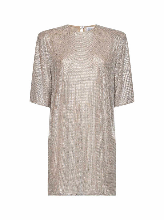 Miniabito a T-shirt in tulle con cristalli argento