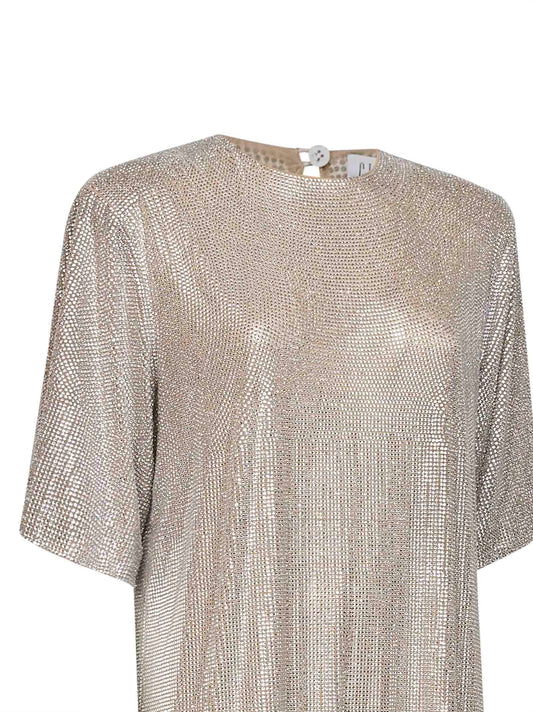 Miniabito a T-shirt in tulle con cristalli argento