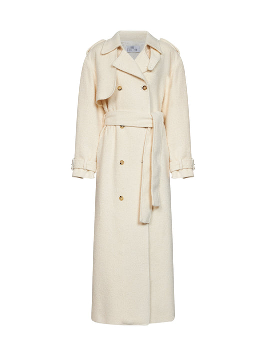 Milk bouclé long double-breasted belted trench coat