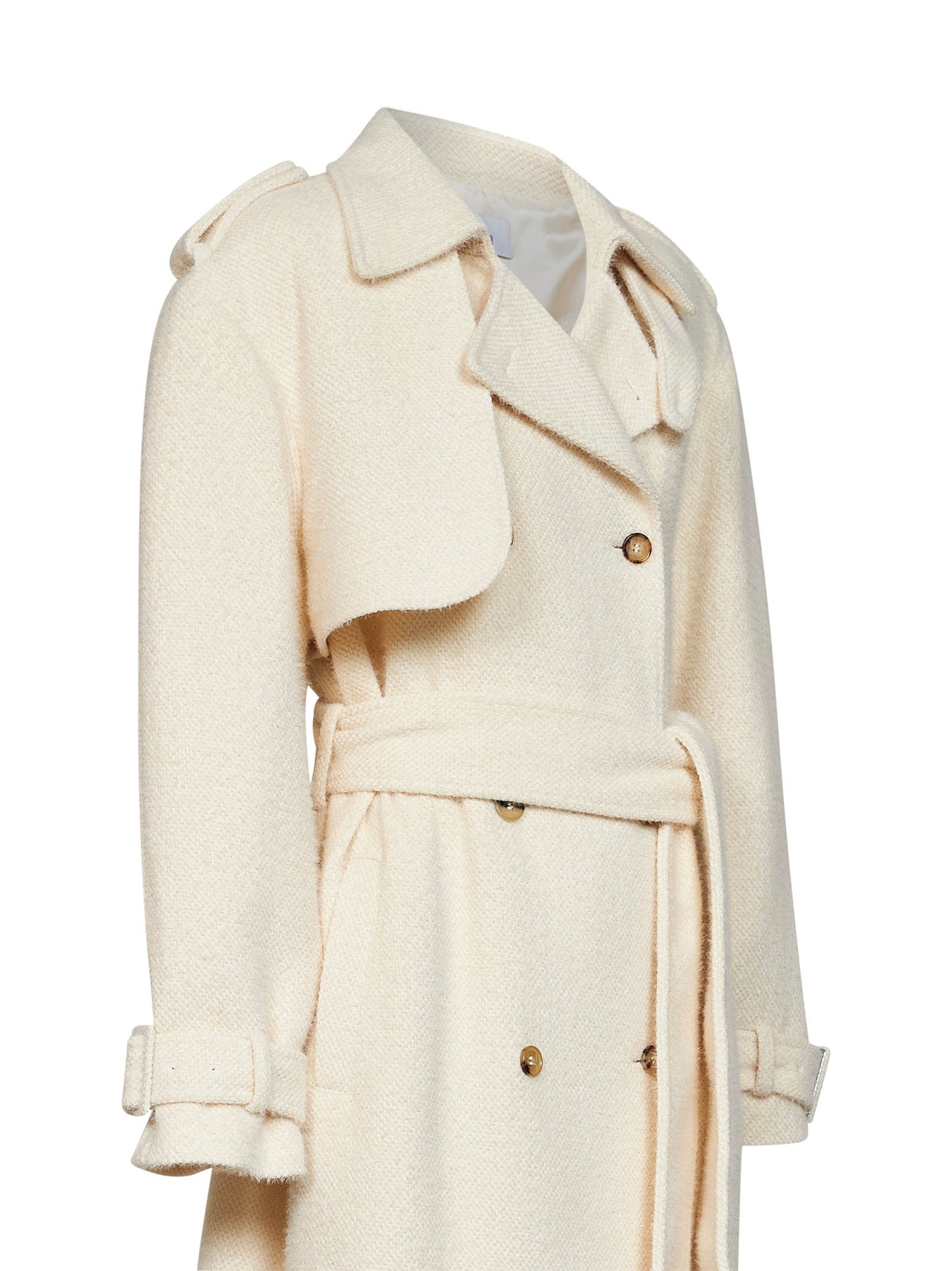 Milk bouclé long double-breasted belted trench coat