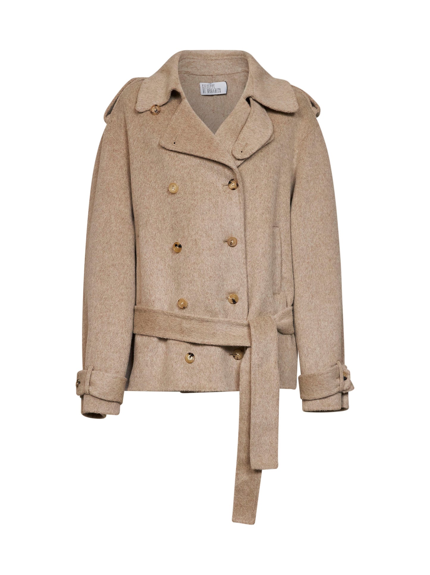 Beige double wool and alpaca short double-breasted trench coat