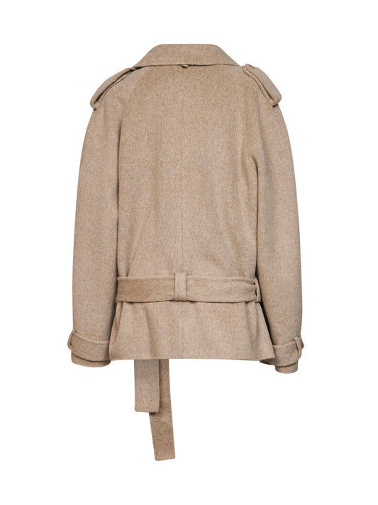 Beige double wool and alpaca short double-breasted trench coat