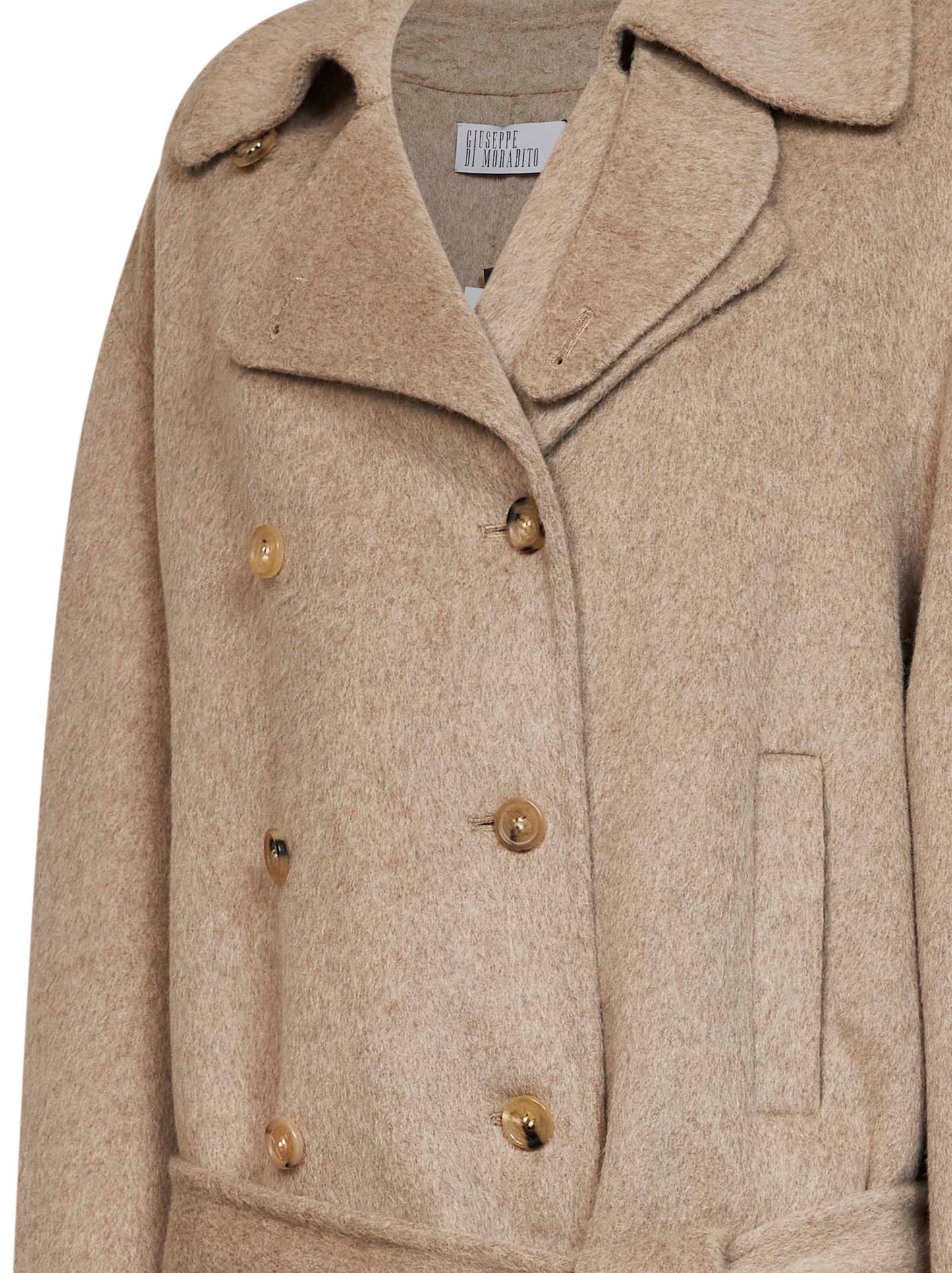Beige double wool and alpaca short double-breasted trench coat