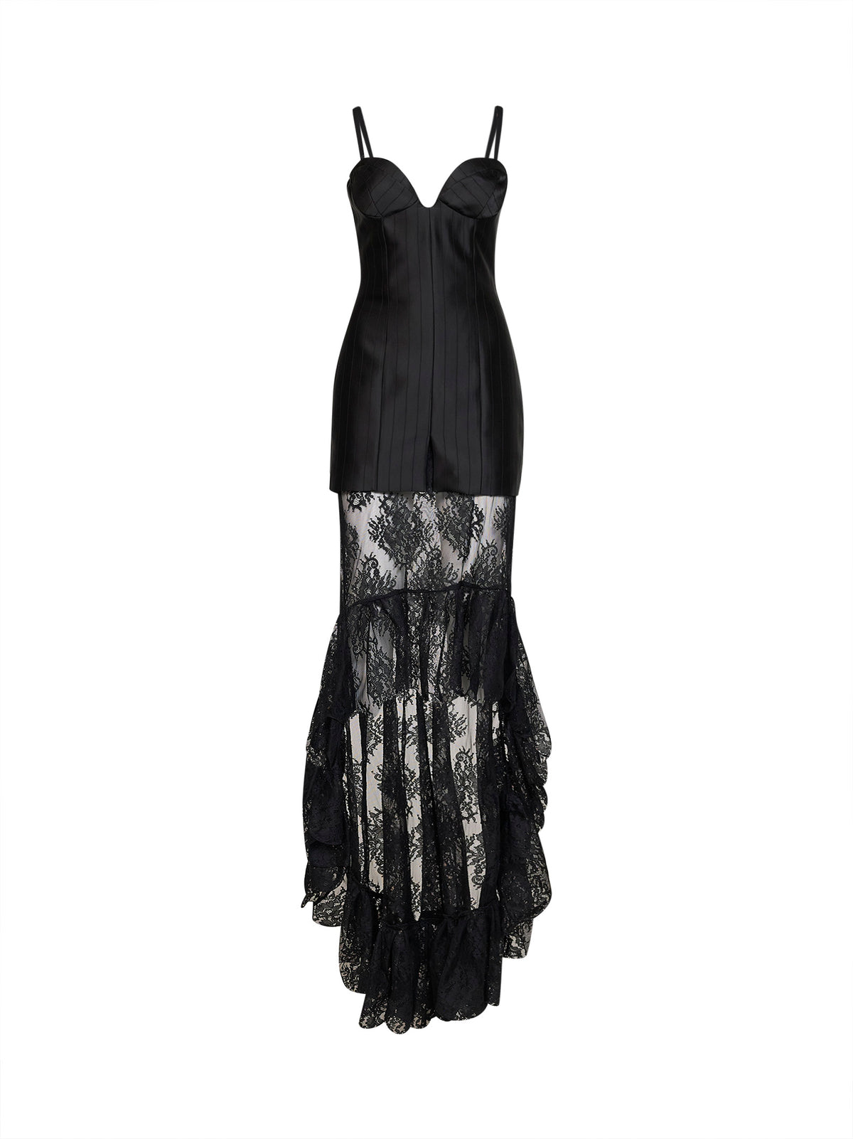 Abito bustier in raso jacquard a righe nero con gonna in pizzo