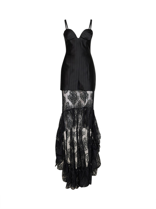 Black striped satin jacquard bustier dress with lace skirt