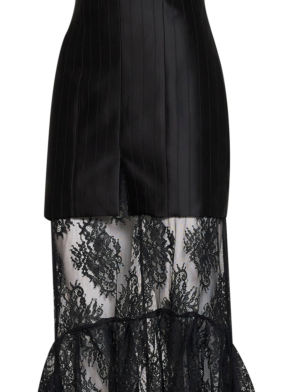 Abito bustier in raso jacquard a righe nero con gonna in pizzo
