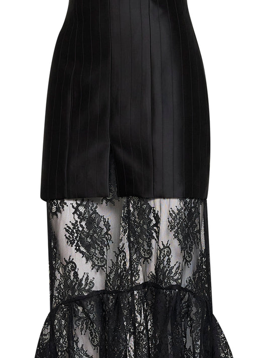 Black striped satin jacquard bustier dress with lace skirt