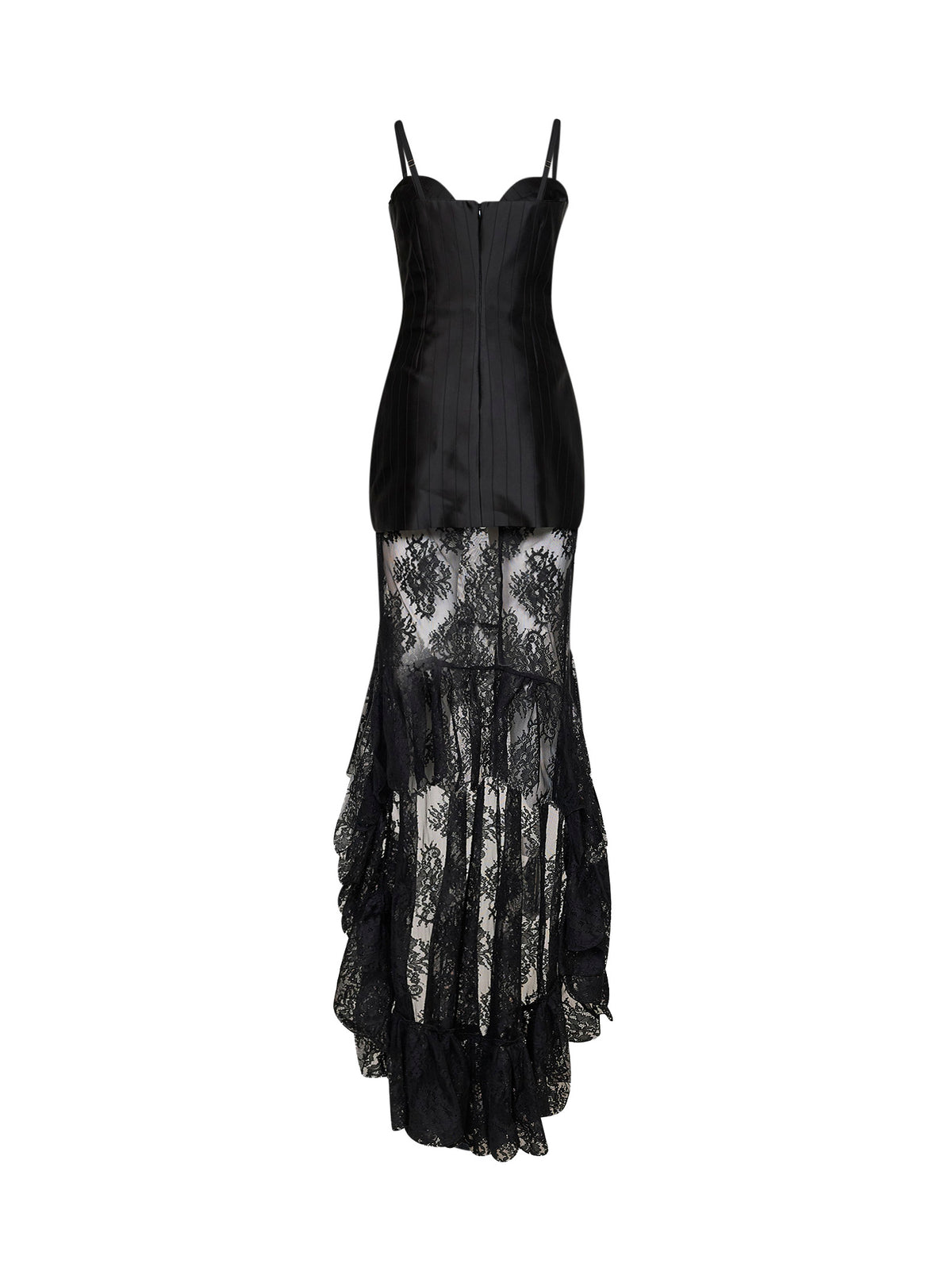 Abito bustier in raso jacquard a righe nero con gonna in pizzo