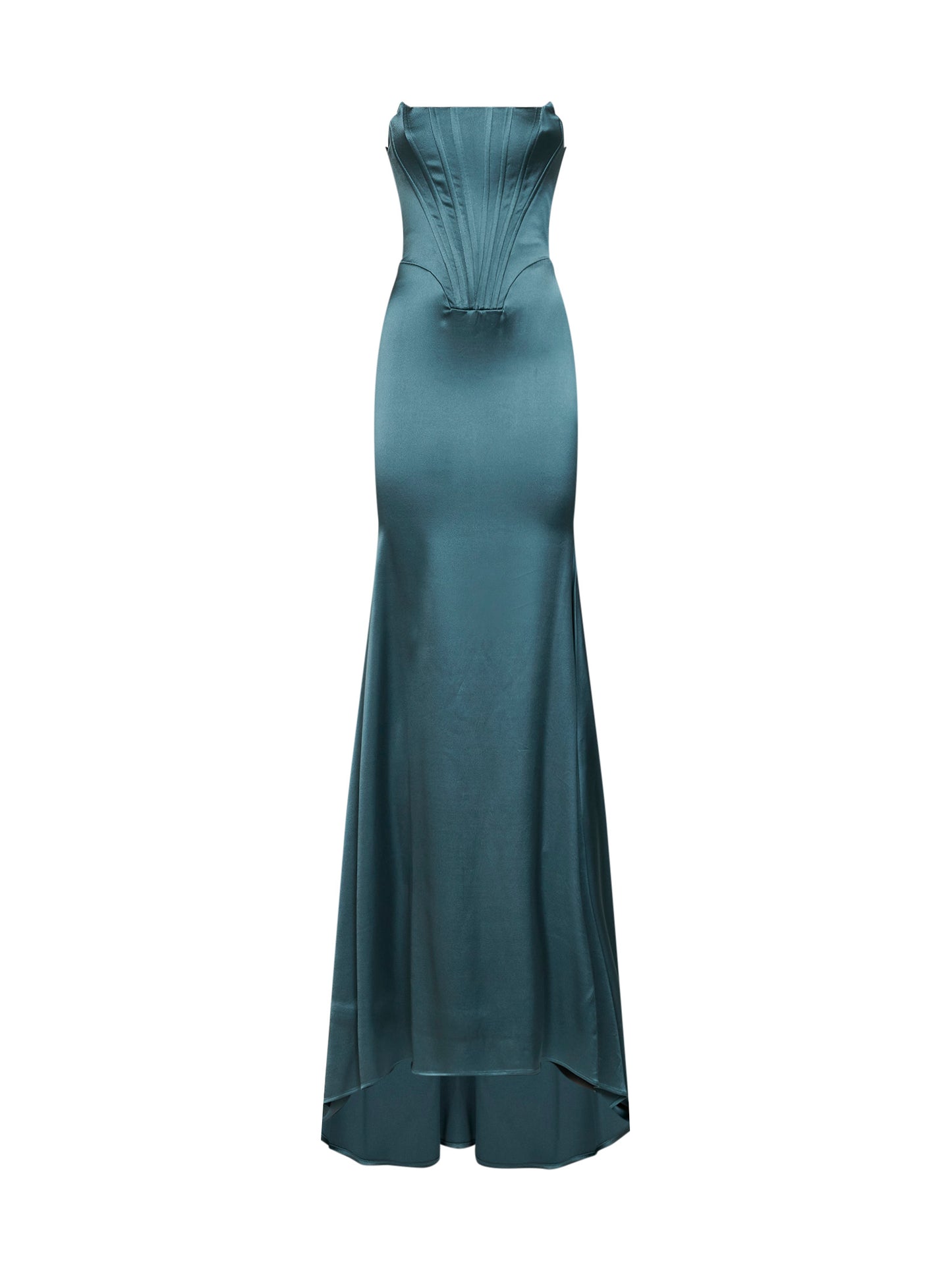 Teal blue stretch satin long bustier dress