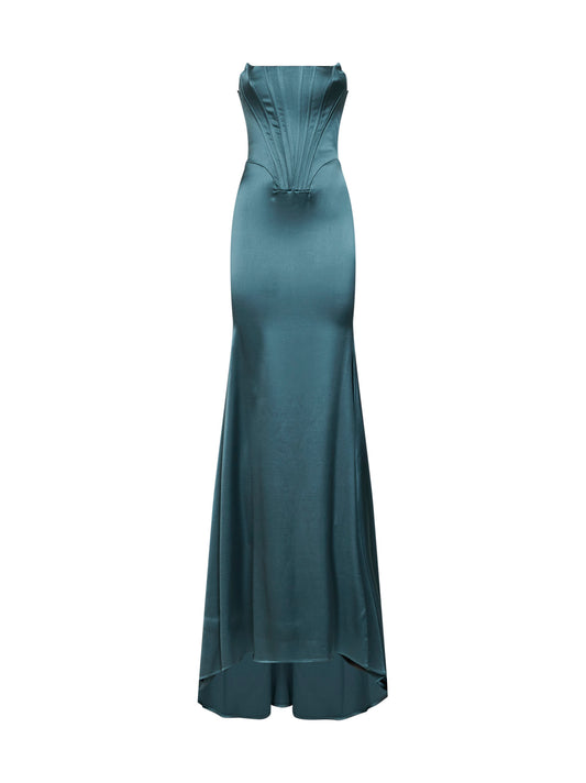 Abito bustier lungo in raso stretch petrolio