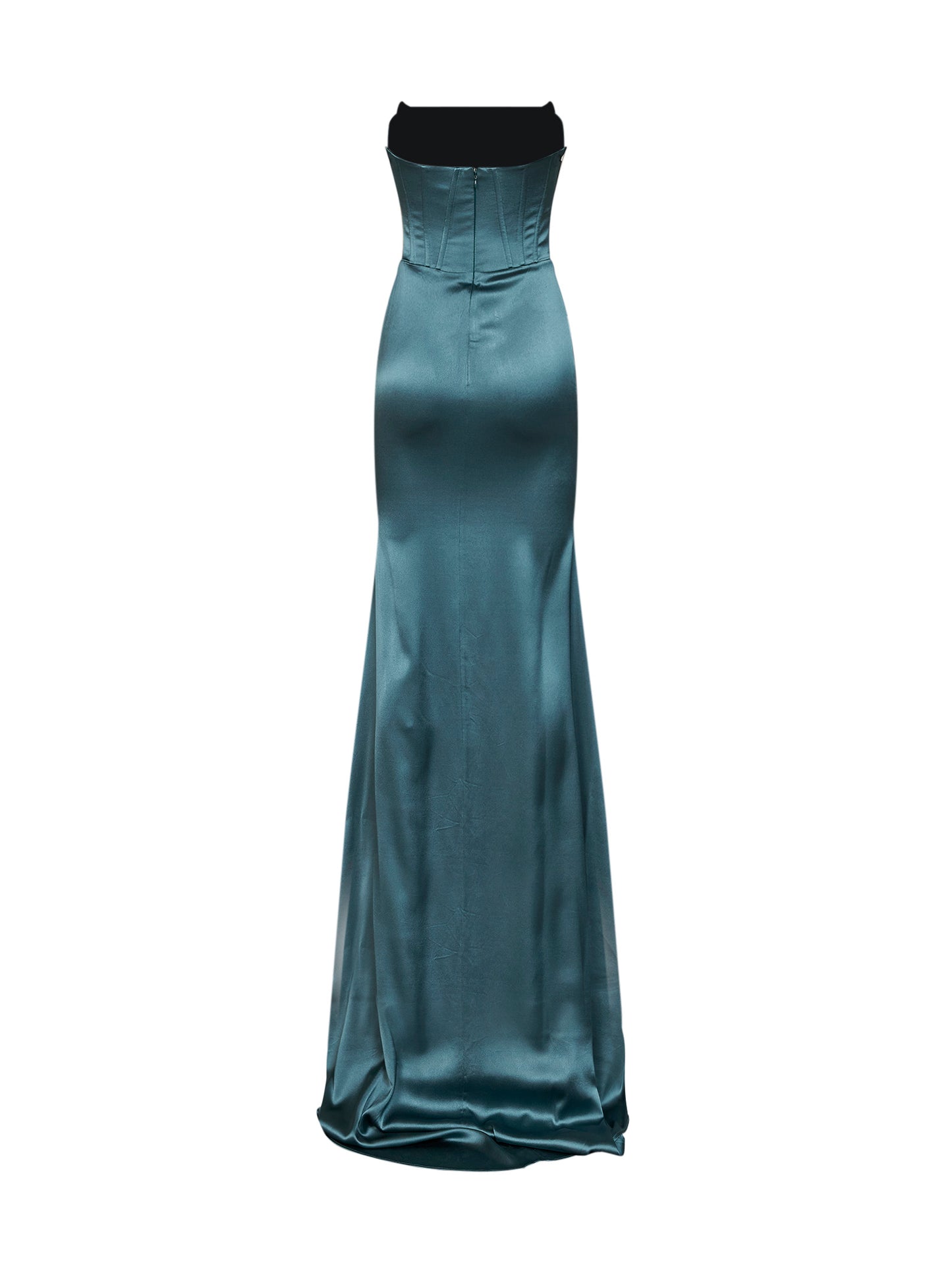 Teal blue stretch satin long bustier dress