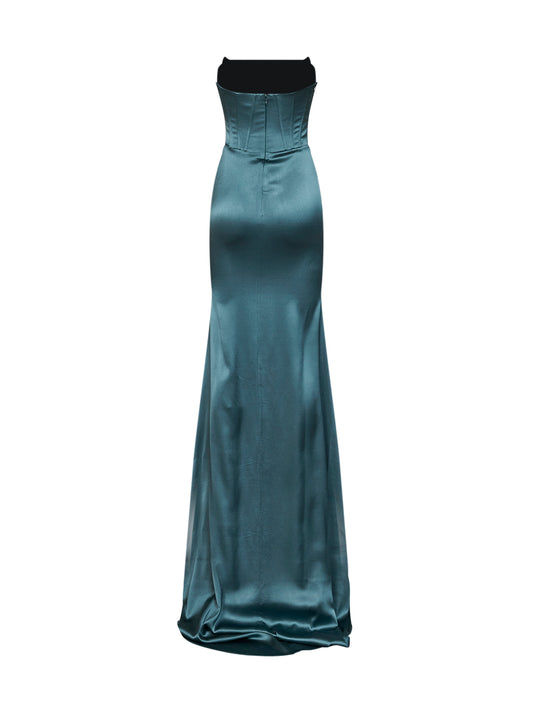 Abito bustier lungo in raso stretch petrolio