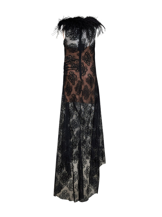 Black lace long dress with feather trim