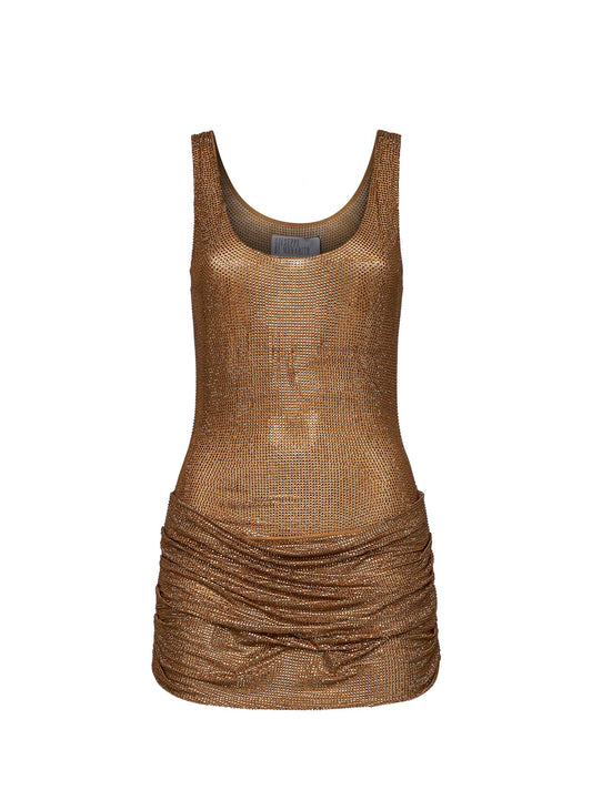 Miniabito drappeggiato in tulle con cristalli oro