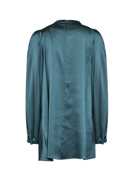 Teal satin mini dress with jeweled detail
