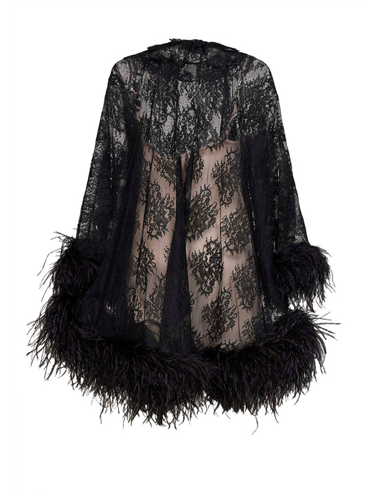 Black lace kaftan-style mini dress with feather trim