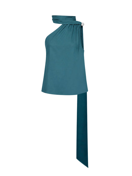 Teal blue virgin wool one-shoulder top with jeweled detail