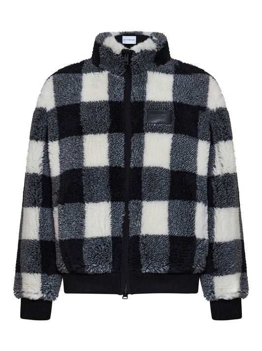 Black and white plaid fleece blouson