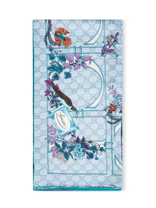Light blue printed silk twill scarf<BR/>