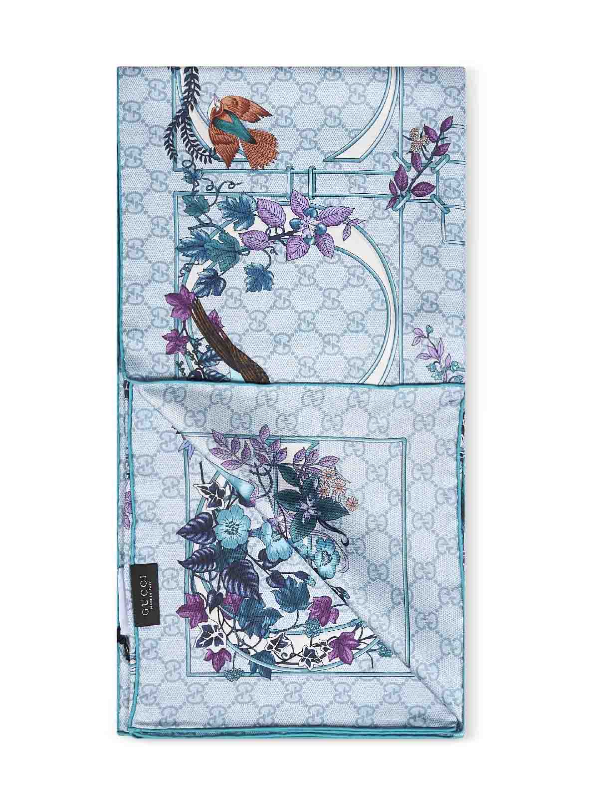 Light blue printed silk twill scarf<BR/>