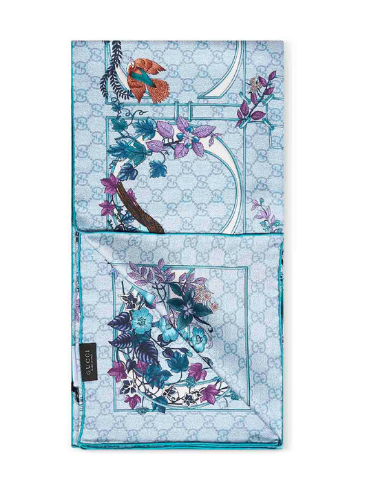 Light blue printed silk twill scarf<BR/>