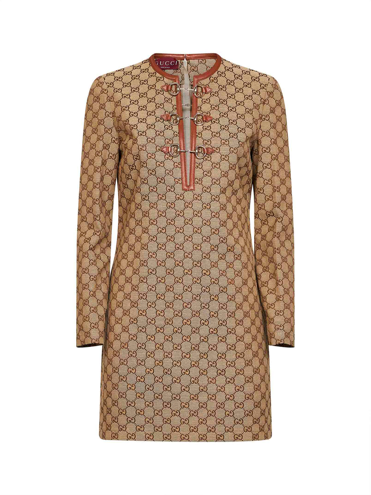 Camel and dark brown GG canvas mini dress with Horsebit